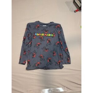 Super Mario Bros Kids Long Sleeve Graphic T-Shirt Gray All Over Print Size L